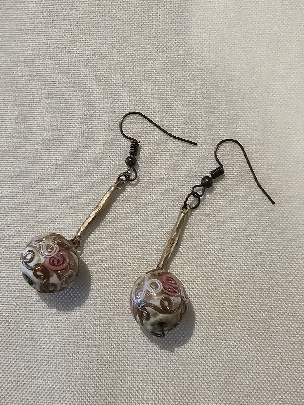 Handcrafted Pink and Gold Glass Bead Drop Earrings